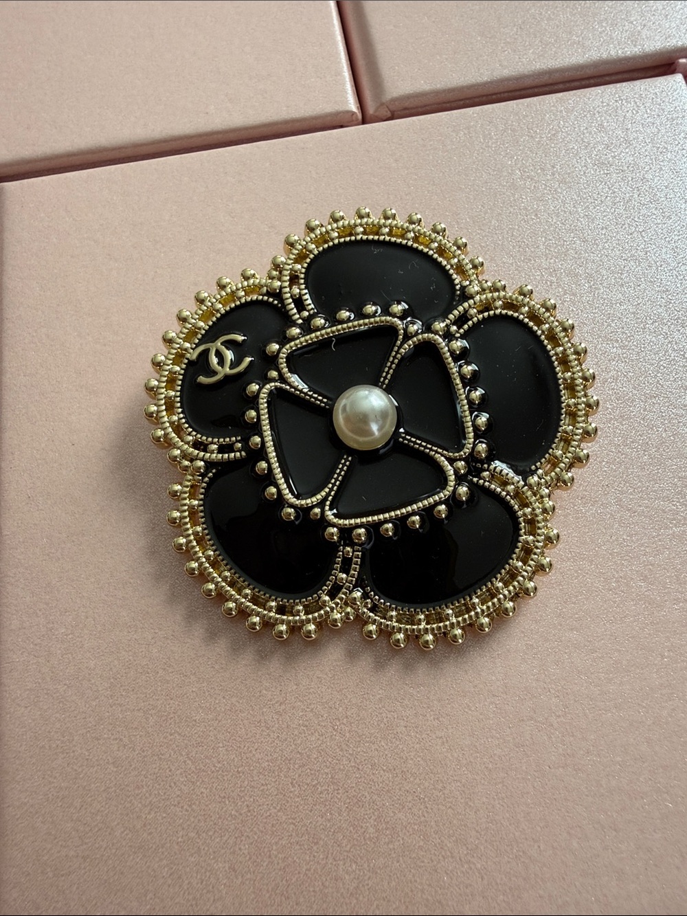 Black Camellia Pearl Accent Brooch